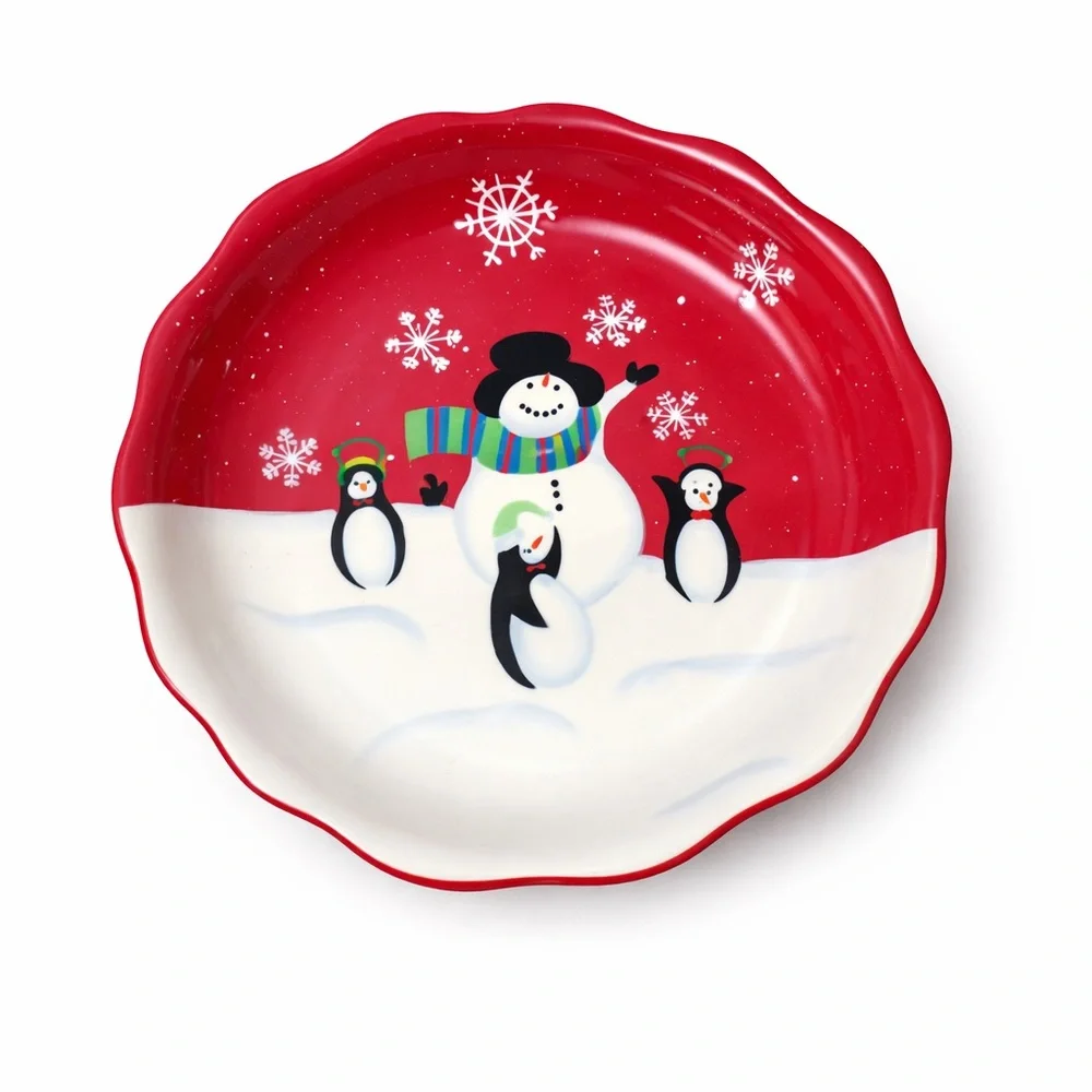 St Nicholas Square 10” Christmas Pie Plate Snowman Penguin Holiday Dish